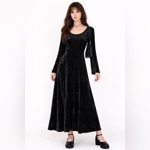Vintage 90s ALL THAT JAZZ Black Crushed Velvet Maxi Dress LBD Witchy Gothic L